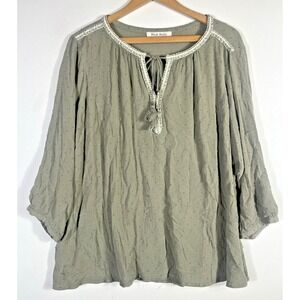 Black Rainn Blouse Top Size 3X Sage Green Swiss Dot Peasant Boho Gypsy Popover